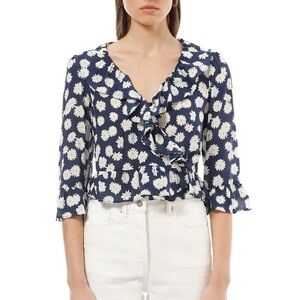 Realisation Par Cher Silk Daisy Print Ruffled Wrap Blouse Top